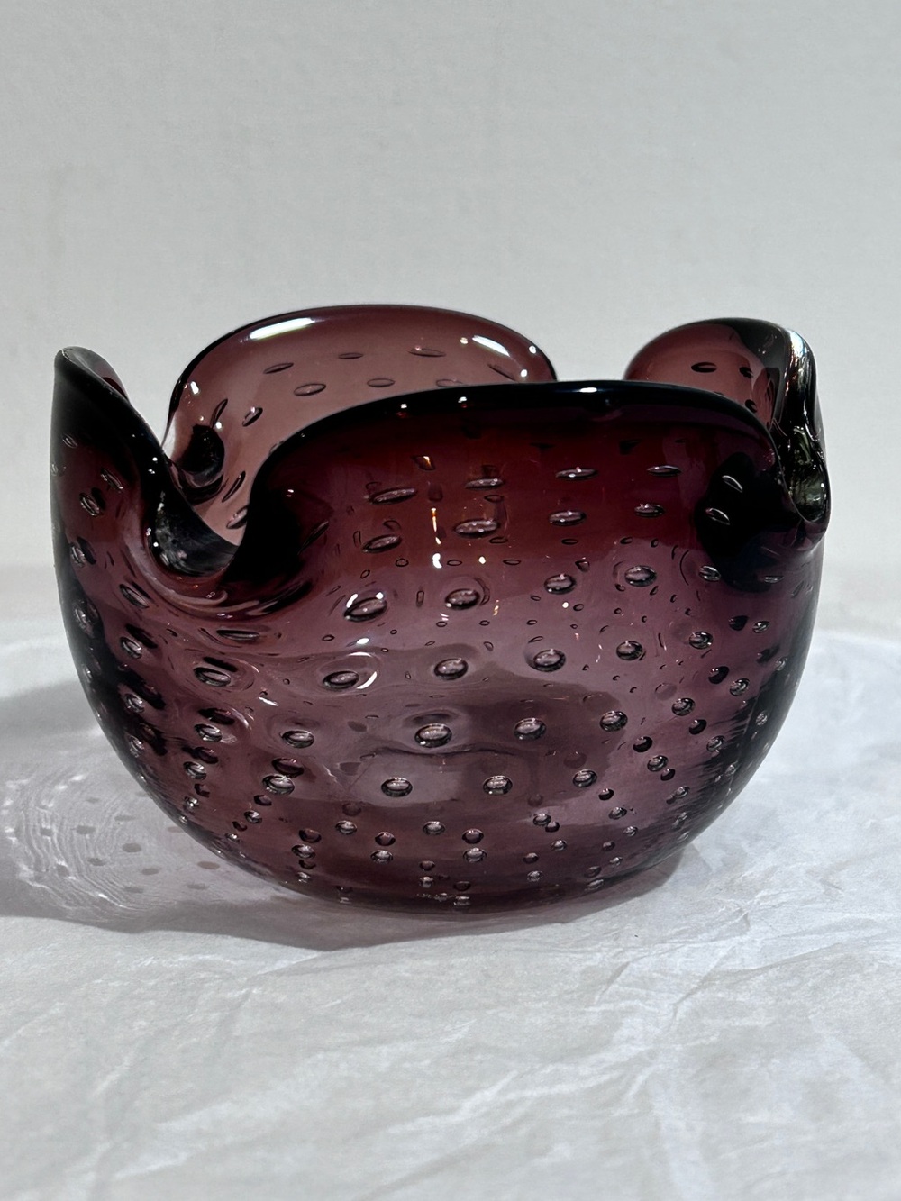 Mid-Century Vintage Glass Ashtray  Amethyst Purple Controlled Bubbles